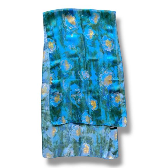 Silk Brochier Soieries Blue Rectangular Vtg Scarf 54” X 15” Women Made In France - Picture 1 of 3